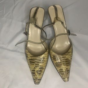 Gucci pointed toe snakeskin ankle wrap logo heels